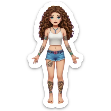full body view of a woman with long curly brown hair, brown eyes, white skin, tattoos, standing in a magic circle on the ground, neon symbols around her feet sticker