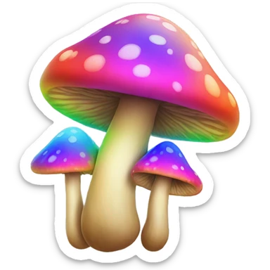 A rainbow-colored trippy mushroom with a very satisfied face sticker