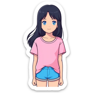 Beautiful girl with long black hair and blue eyes, wearing a pink short top sticker