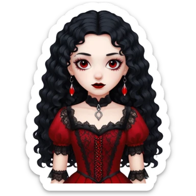 A girl with a red goth vampire look in a blck and red goth lace dress long black curly hair  sticker