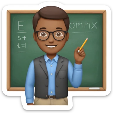 "Create a cute and detailed emoji of a male teacher writing on a chalkboard. The teacher is smiling, wearing glasses, and dressed in a casual shirt and pants. He is holding a piece of chalk and writing something on the blackboard. The style should be colorful, friendly, and cartoon-like, with simple and clear lines." sticker