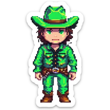 Pixel art of a cowboy character with green outfit and hat sticker