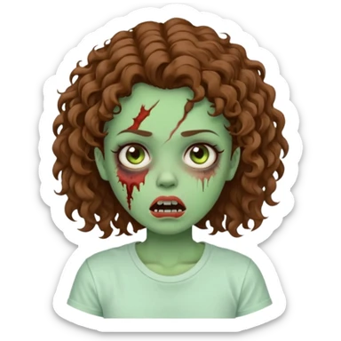 Zombie girl with curly brown hair como emoji de iphone y con la boca un poco lastimada haz que tenga una simple remera blanca puesta pero que sea zombie verde sticker