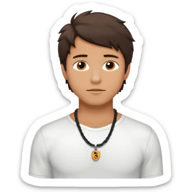 create an emoji of a young man. he has a surfer look, with short messy dark brown hair, brown eyes, tanned skin, natural lips. he wears a white tight shell necklace with a white shirt sticker