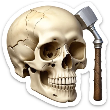An icon featuring a human skull and fossilized bones, symbolizing the study of anthropology. The design includes archaeological tools like a pickaxe and brush, with a background of ancient artifacts and a globe. Transparent background emphasizes the exploration of human history and evolution. sticker