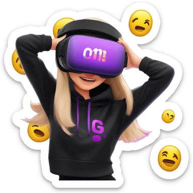 Russian girl wearing black hoody with violet letters "OMG", in vr headset oculus quest2. Dancing. Cyberpunk style. Violet neon. sticker