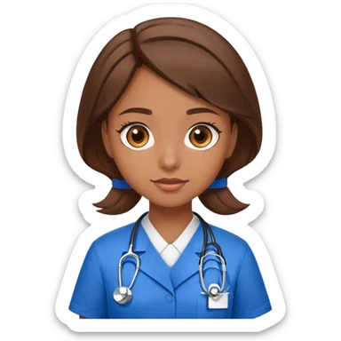a brown haired girl with brown eyes being a medical assistant dressed in blue  sticker