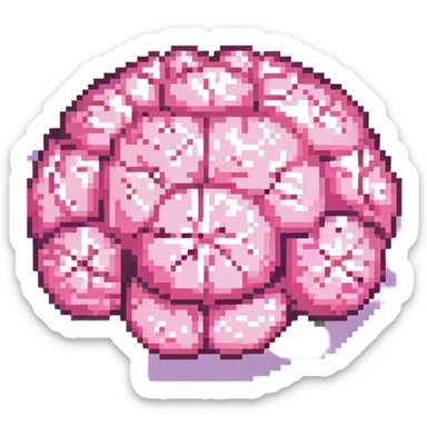 16-bit pixel art of a pink brain-shaped blob, smooth rounded brain texture, simple retro gaming style sticker