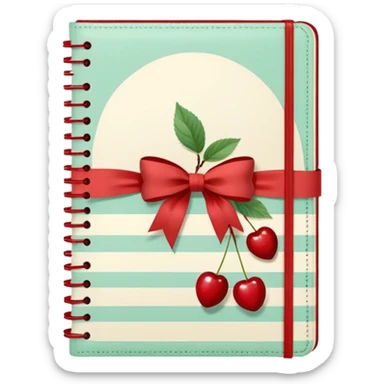 Cute vintage notebook cover, mint and cream vertical stripes, red spine
Hand-drawn cherries with leopard bow, playful feminine aesthetic
Flat illustration, clean composition, soft retro color palette sticker