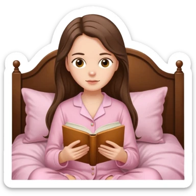  white long brunette hair girl with hazel eyes in light pink pajamas reading Pride and Prejudice sticker
