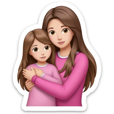 Mom with long balayage beautiful hair and daughter Children with long brown hair hugging Clothes pink sticker