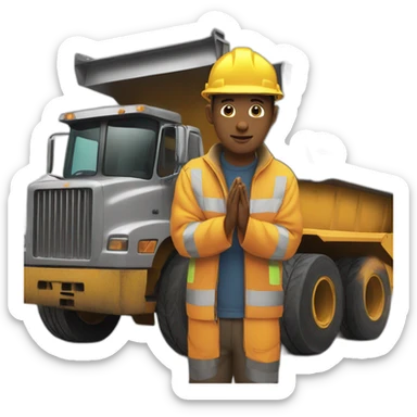 construction worker with hands in prayer standing directly in front of a DUMP TRUCK sticker