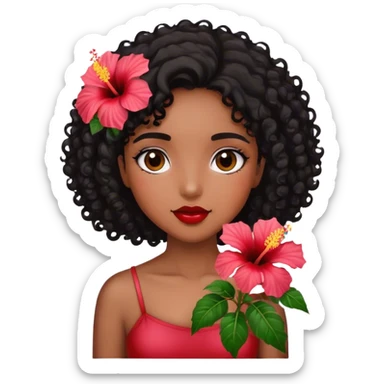 Girl with brown skin with black curly hair holding hibiscus flowers sticker