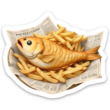 Cinematic Realistic Fish and Chips Dish Emoji, depicted with crispy golden battered fish and chunky hand‚Äêcut chips served in traditional newspaper wrapping, rendered with mouth‚Äêwatering texture and warm natural lighting that captures its quintessential British charm. sticker