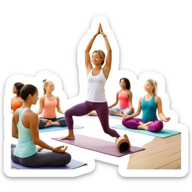 A person moves through a gentle yoga pose in the morning sun, one hand reaching up, the other near a plate of vibrant whole foods and a bottle of water. A cozy bed sits behind them, glowing softly. Nearby, a small group of friends laughs together under a tree—health, movement, nourishment, rest,  sticker