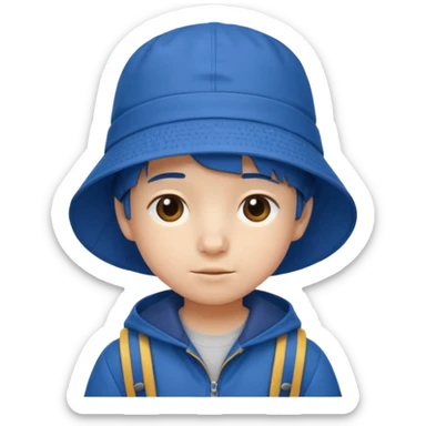 Little student wears blue bucket hat and jacket, backpack, shy sticker