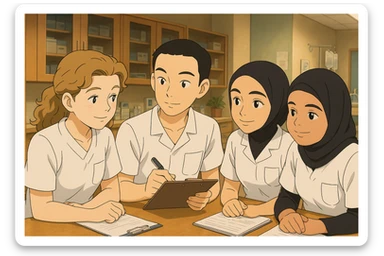 Quatre étudiants infirmiers en intérieur, style Ghibli, travaillant en collaboration et en interaction. Uniformes blancs à manches courtes, sans pied de col ni stéthoscopes, pas de tissus sous les manches. Hauts type tunique médicale, col en V, poche poitrine côté gauche. Les visages et caractéristiques des quatre personnes référencées, ambiance chaleureuse et professionnelle. sticker