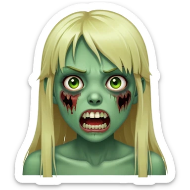 Zombie girl with green skin, visible bruises on face, mouth open showing teeth, long blonde hair with straight bangs sticker