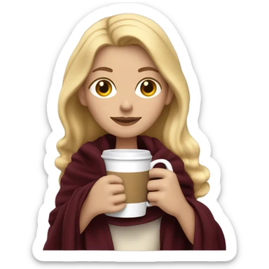 Blonde white lady in a dark burgundy blanket sipping coffe sticker