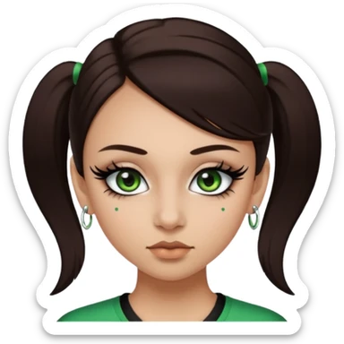 Y2k style Girl with: long, straight dark brown hair, green/ hazel eyes, nostril and septum piercing, fake eyelashes and eyeliner sticker