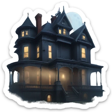 Fantastic Wide full view, A very roomy ramshackle Victorian Addams’s mansion looms through light fog at midnight  sticker