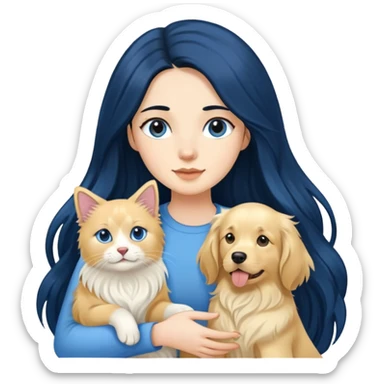 Woman with long black hair holding a blue and white long-haired cat and a golden retriever dog sticker