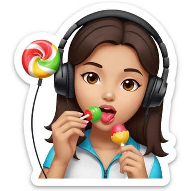 girl with dark brown hair and a black gaming headset. lick a foot shaped lolly sticker