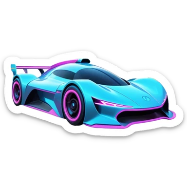 A futuristic racing car with glowing neon lights, sleek aerodynamic design, and a cyberpunk cityscape in the background. The car is speeding through a neon-lit street with high-tech buildings and holograms." sticker