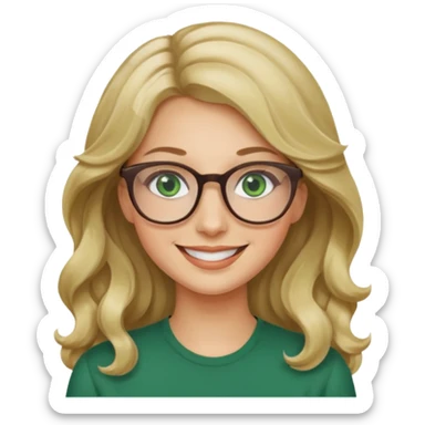 long wavy darker blonde hair woman with green eyes and glasses smiling sticker
