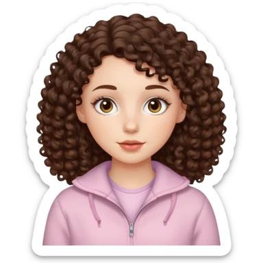 White girl with dark brown long 2C curly hair, brown almond shape eyes, small wide nose, natural lips. Cute clothnig sticker