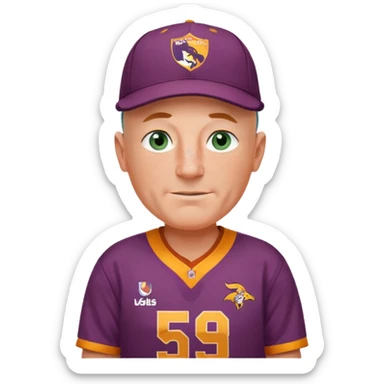 young-ish 50 year old man dressed in a brisbane broncos jersey, bald head, fair freckled skin, happy face, blueish green eyes, wearing brisbane broncos baseball style cap, picture should be down to waist, hands on hips in a player stance sticker