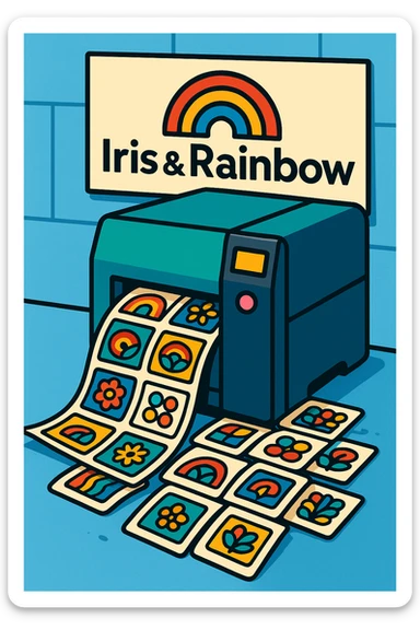 A printer rapidly printing many labels, with the words 'Iris & Rainbow' as a large logo in the background, colorful and modern style, vibrant, clear, playful, bright, clean, professional sticker