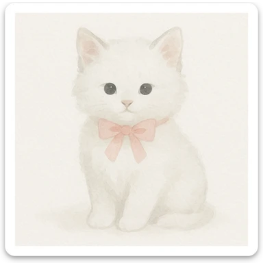cute fluffy white kitten with a light pink bow, watercolor art style sticker