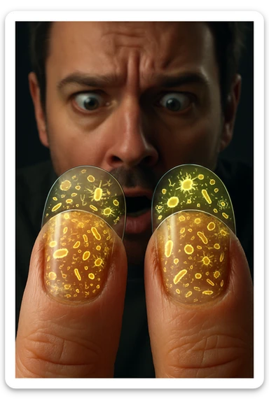 "Close-up macro shot of man's fingernails with transparent overlay showing dense colonies of bacteria, viruses, and parasites thriving in nail beds, millions of pathogens visible as glowing microscopic organisms, expression of shock as he examines his hands under magnification, nail debris containing more germs than toilet water, fingertips becoming mobile germ factories" sticker