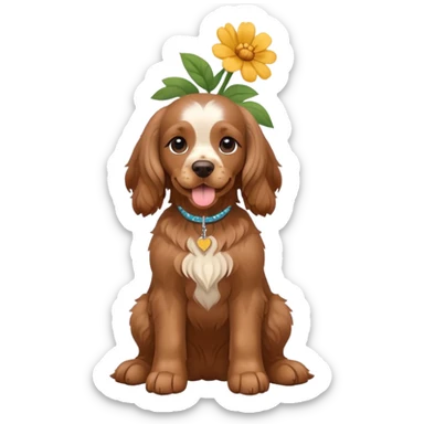 Full body shot of a brown cocker spaniel sitting happily with a flower on his head sticker