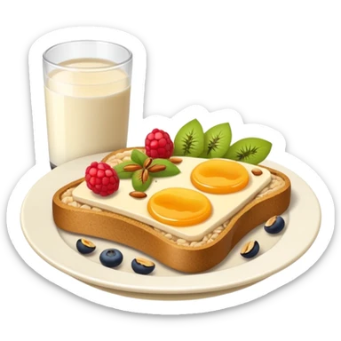 Vegetarian breakfast emoji illustration, flat iOS emoji style, toast, fruits, oatmeal, nuts, milk, no eggs, no meat, no fish, no non-vegetarian food, clean white background.” sticker