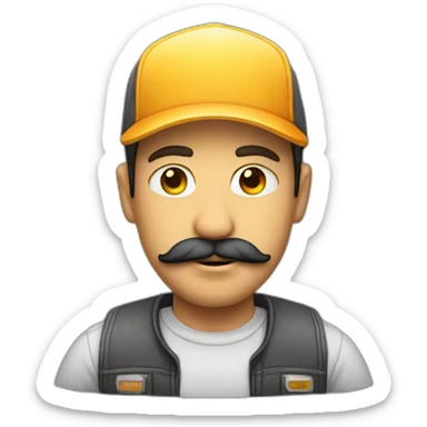a guy with a moustach and a trucker cap sticker