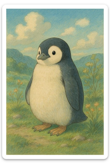 penguin, detailed, soft colors, whimsical, ghibli style illustration sticker