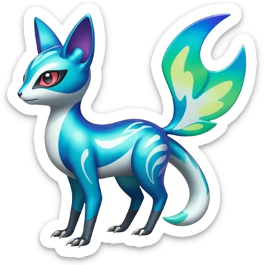 Shiny exotic animalistic feral Colorful glowing glossy smooth soft silky Futuristic Cyber-Vernid-Trico-Meloetta-Latias-Koraidon-Peppercat-Protogen-Pokémon-Digimon-Fakémon-fusion-hybrid-creature sticker