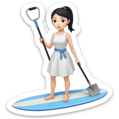 Princess who wearing white dress (woman) black ponytail hair holding her cellphone and  one garden iron shovel with another hand. there is one blue surfing board under her feet. She is looking at her phone. sticker