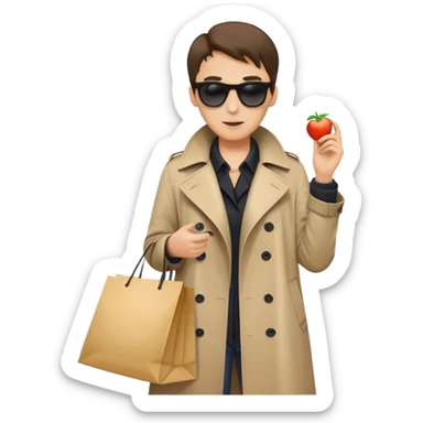 mystery shopper in trench coat, sunglasses, holding a shopping bag sticker