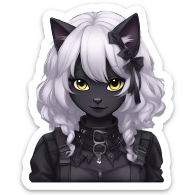 Gorgeous gothic dark techwear anime style anthro black cat furry with blushing face aesthetic and pretty edgy black with collar and harness trending style sticker