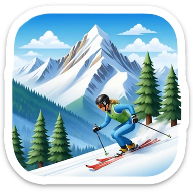 An icon featuring snowy peaks, pine trees, and a picturesque mountain landscape with a skier racing down a snow-covered slope, The sky is blue with soft clouds, capturing the thrill and beauty of alpine skiing. Transparent background highlights the excitement and serenity of winter sports. sticker