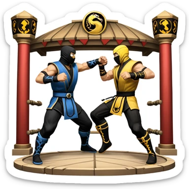 An icon showing two fighters in combat poses, inspired by Mortal Kombat. One character delivers a powerful kick, while the other blocks. The background features an iconic arena from the game with life bars at the top, symbolizing intense battles. Transparent background. sticker