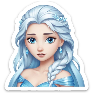 Cinematic Elegant Snow Queen Portrait Emoji, rendered in a realistic, vector-style with minimal shading and bold, simplified shapes. Depict Elsa (chest and above) with icy pale skin, long flowing platinum hair, and piercing blue eyes that exude quiet power, dressed in a shimmering ice-blue gown. The image glows with a soft, frosty radiance and high shine, capturing her ethereal, regal beauty. sticker