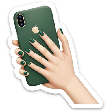 female hand with nude manicure (5 fingers) holding an iPhone in a dark green case, clean background, minimalism, emoji style sticker