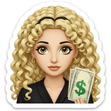 Pale Saudi pretty baddie, black eyeliner, curly long hair with blonde money piece hairstyle sticker