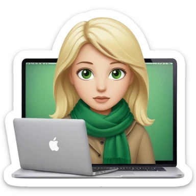 blond women skine , with green eyes and scarf . with macbook sticker