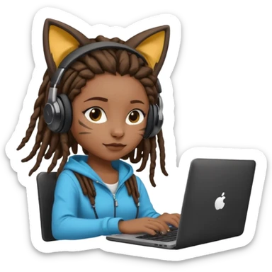 black girl with dreads who works remotely through a laptop with cat ear headphones sticker