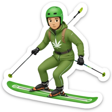 Man slalom skiing in green jacket with the green medical marijuana cross on it sticker